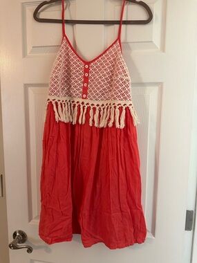 Red Sundress with Cream Crochet Bodice and Fringe